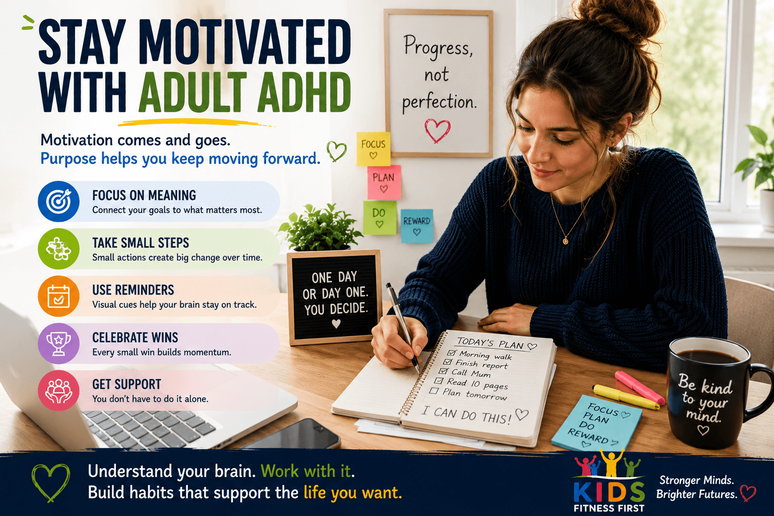 Adult planning daily goals while staying motivated with ADHD using a notebook and calendar.