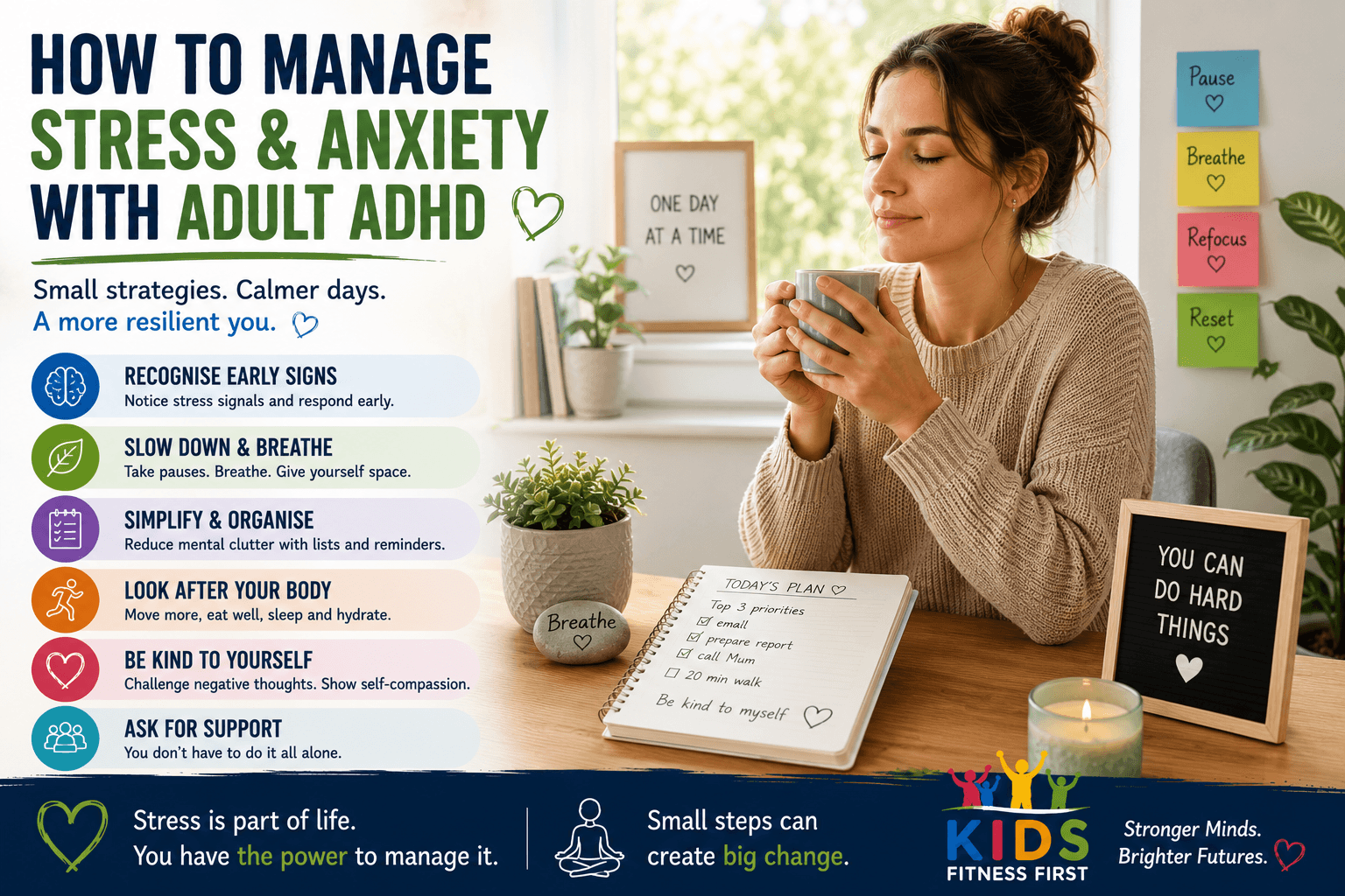 Adult taking a mindful pause in a calm workspace while managing stress with ADHD.