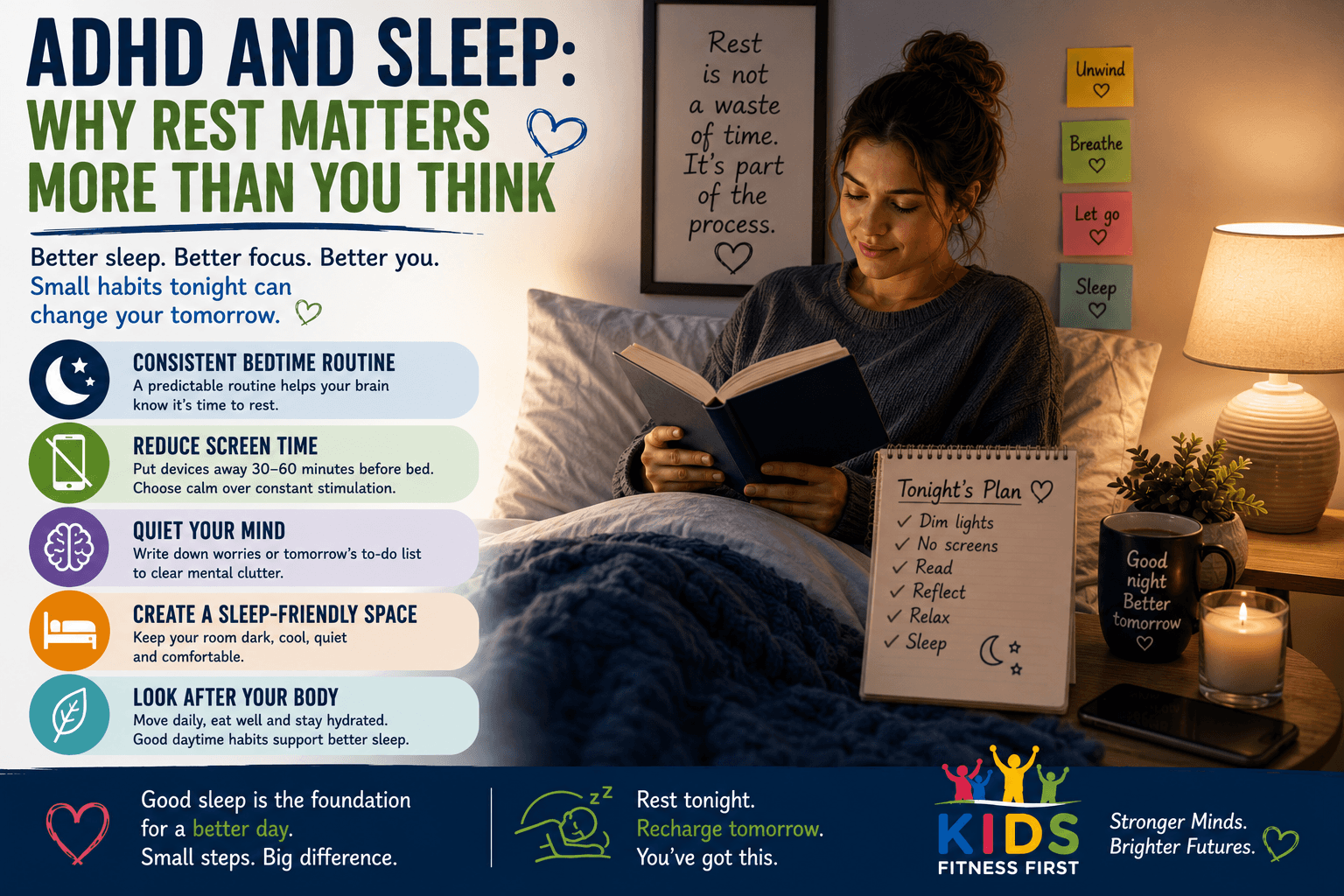Adult relaxing before bedtime with a book and warm light while improving sleep habits with ADHD.