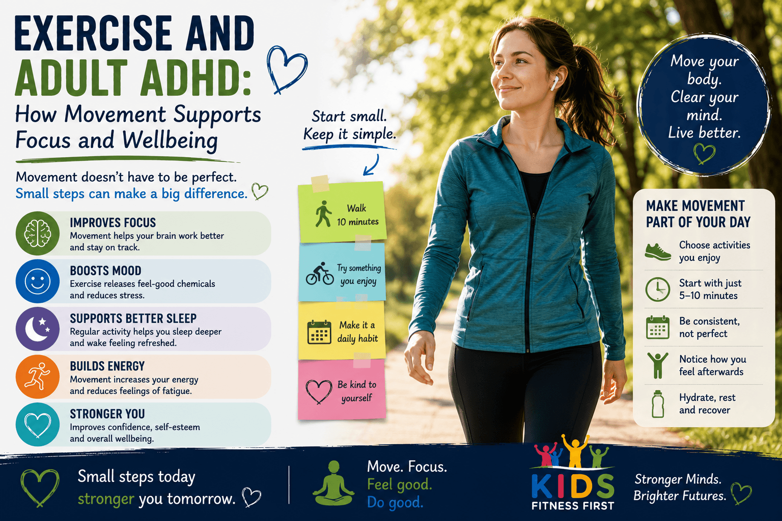 Adult walking outdoors while using regular movement to support focus and wellbeing with ADHD.