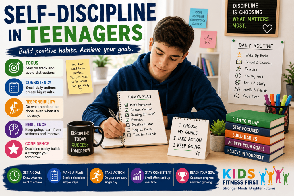 A teenager developing self-discipline by following a positive daily routine, completing schoolwork and working towards personal goals.