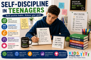 A teenager developing self-discipline by following a positive daily routine, completing schoolwork and working towards personal goals.