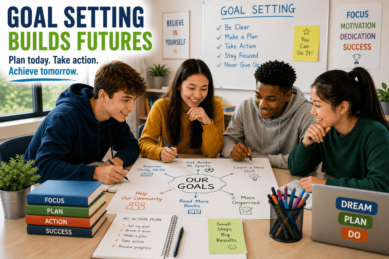 Teenagers developing goal-setting skills in teenagers through planning, teamwork and collaborative learning in a modern classroom