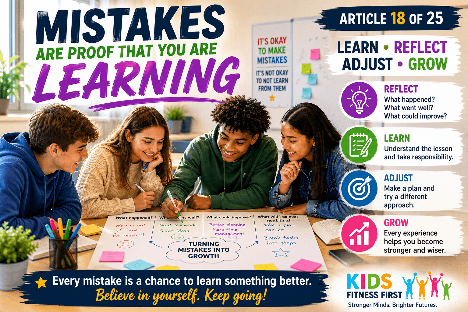 Teenagers demonstrating learning from mistakes in teenagers by reviewing a group project, discussing improvements and planning their next steps