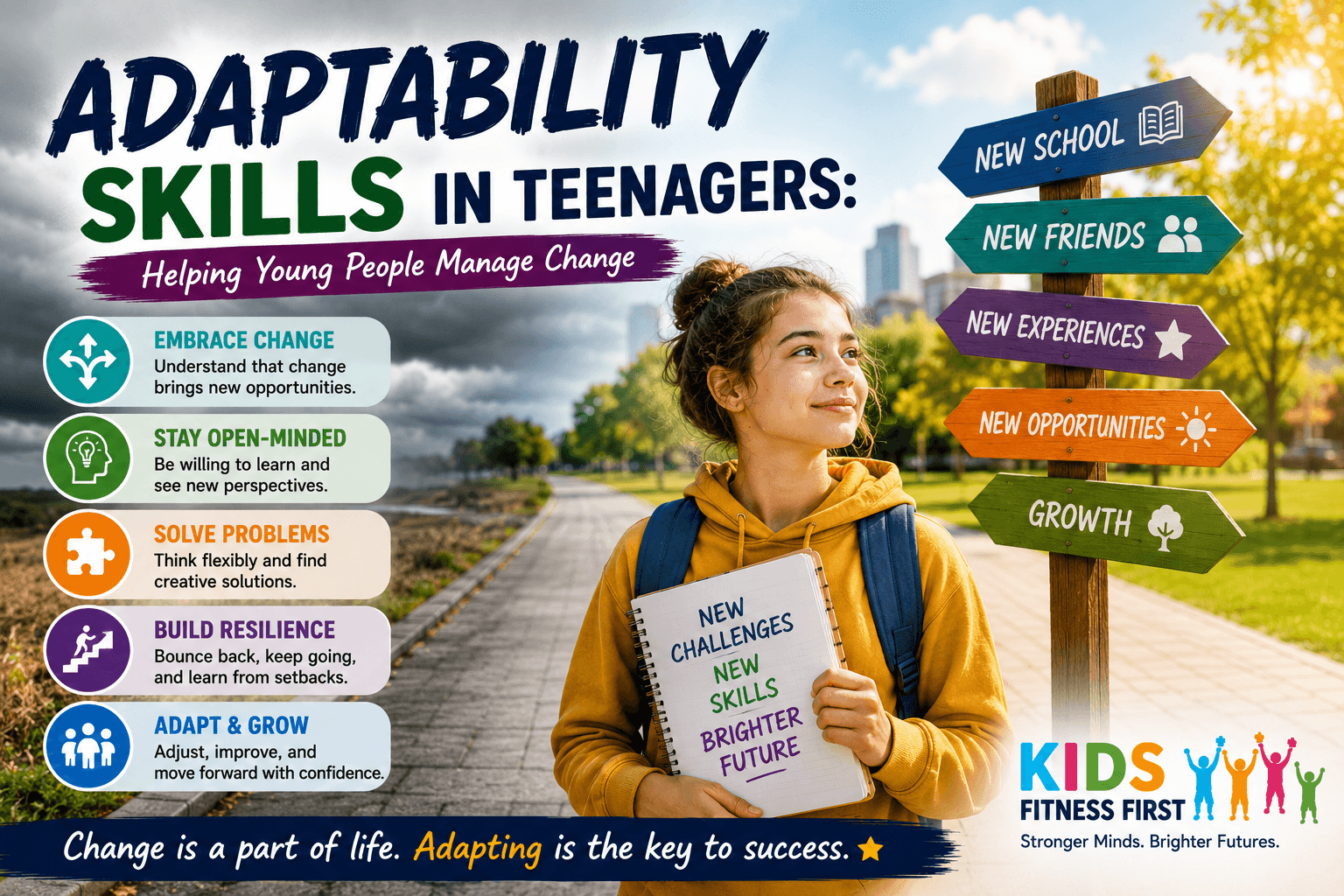 A confident teenager demonstrating adaptability skills in teenagers by embracing change, learning new skills and looking towards new opportunities in a bright outdoor setting.