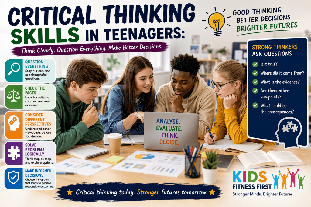 Teenagers developing critical thinking skills in teenagers by analysing information, discussing ideas and solving problems together in a modern classroom.