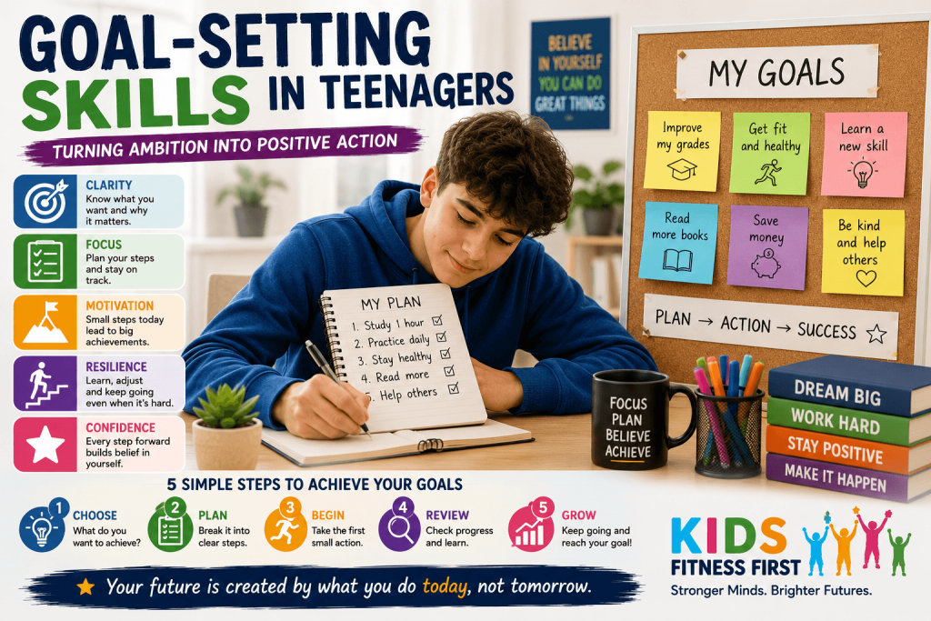 A group of teenagers developing goal-setting skills by planning achievable steps, recording ideas and working towards a positive future.