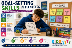 A group of teenagers developing goal-setting skills by planning achievable steps, recording ideas and working towards a positive future.