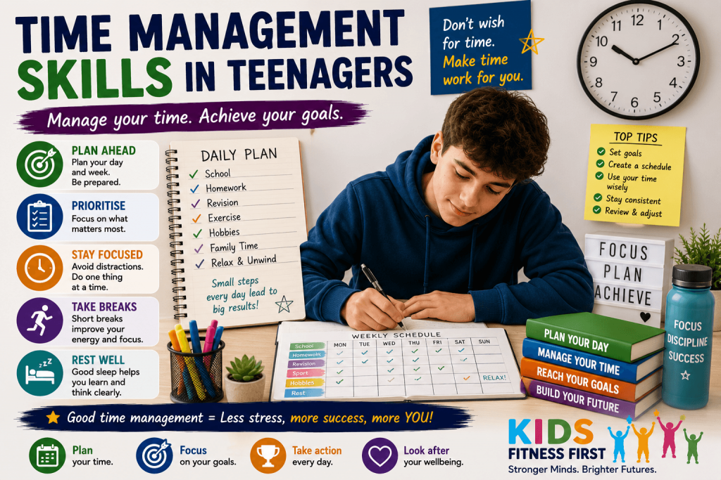 A teenager developing time management skills by using a weekly planner to balance schoolwork, exercise, rest and personal goals.
