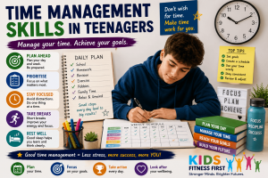 A teenager developing time management skills by using a weekly planner to balance schoolwork, exercise, rest and personal goals.