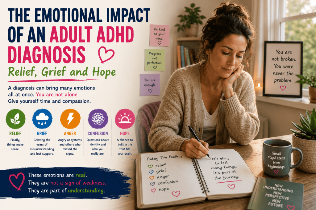 Adult reflecting on the emotional impact of an ADHD diagnosis, including relief, grief, confusion and hope.