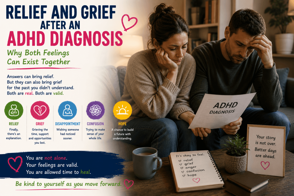 Adult reflecting after receiving an ADHD diagnosis while experiencing both relief and grief.