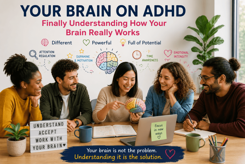 Illustration of an adult learning how the ADHD brain processes attention, motivation and emotions differently.