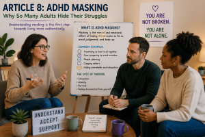 Adult removing a symbolic mask after discovering they have ADHD.