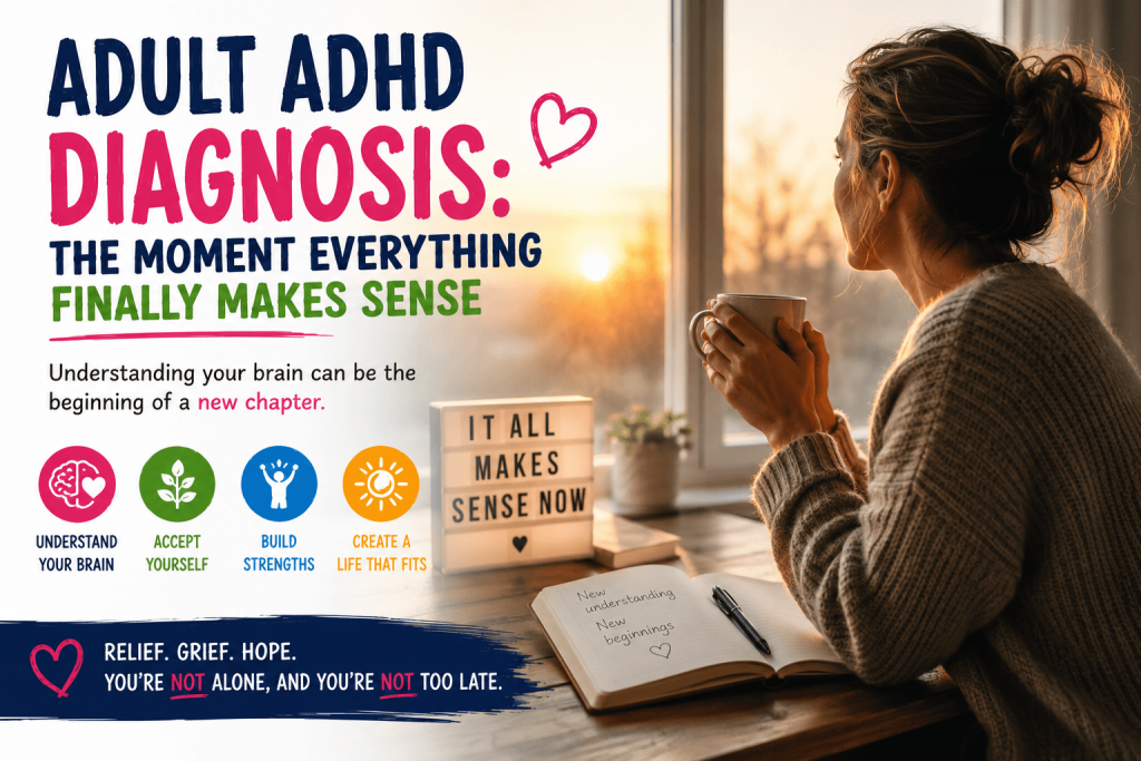 Adult reflecting after receiving an ADHD diagnosis, symbolising understanding, hope and a new beginning.