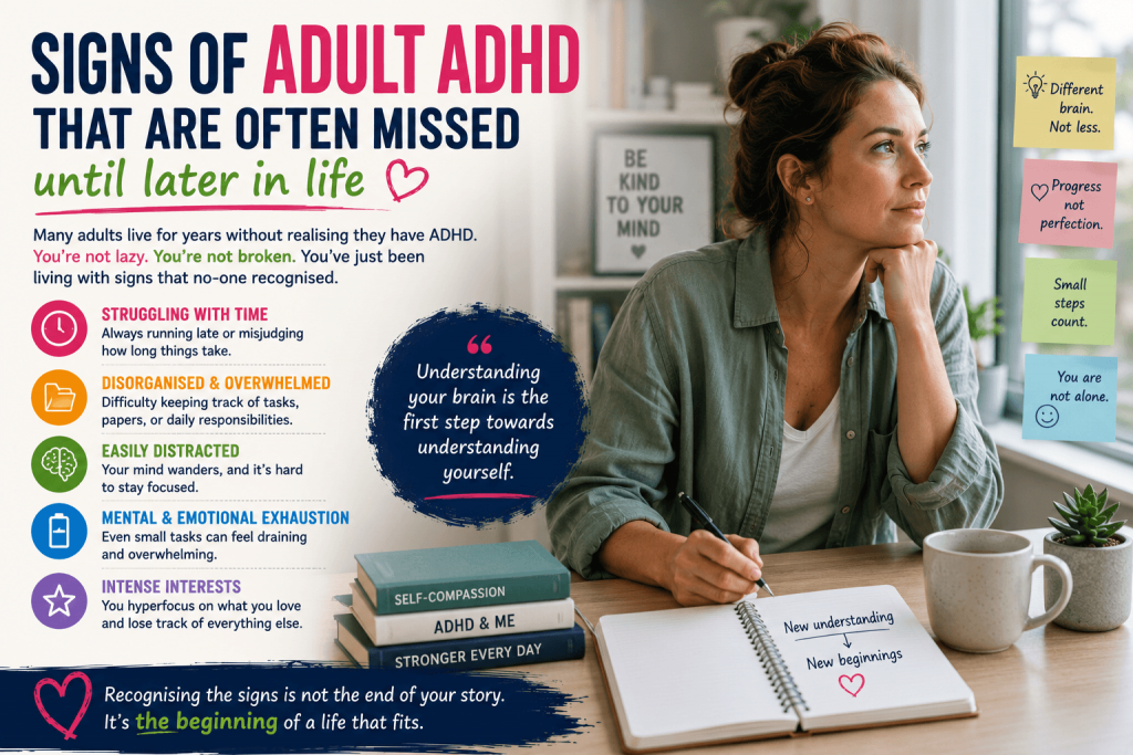 Adult reflecting on everyday life after recognising previously overlooked signs of ADHD.