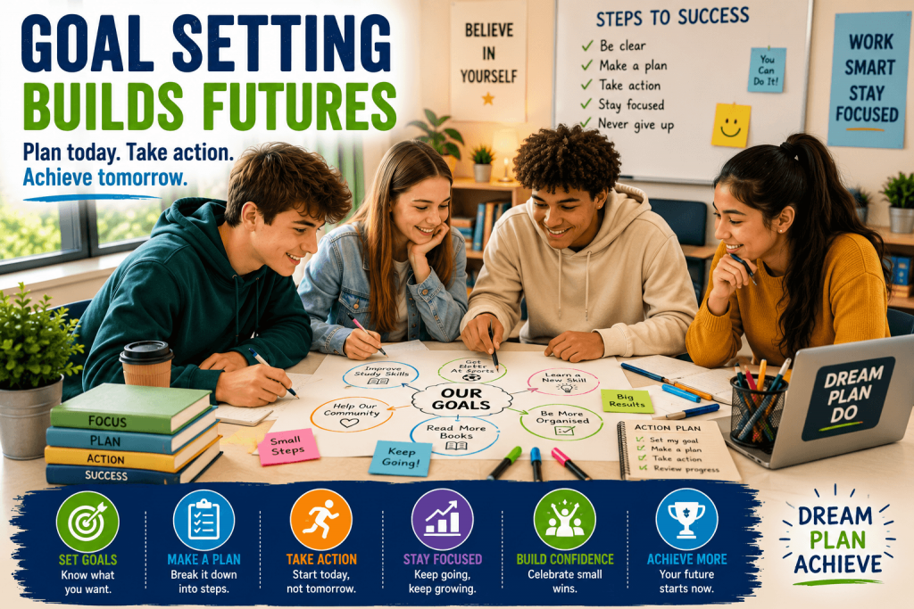Teenagers developing goal-setting skills in teenagers through planning, teamwork and collaborative learning in a modern classroom