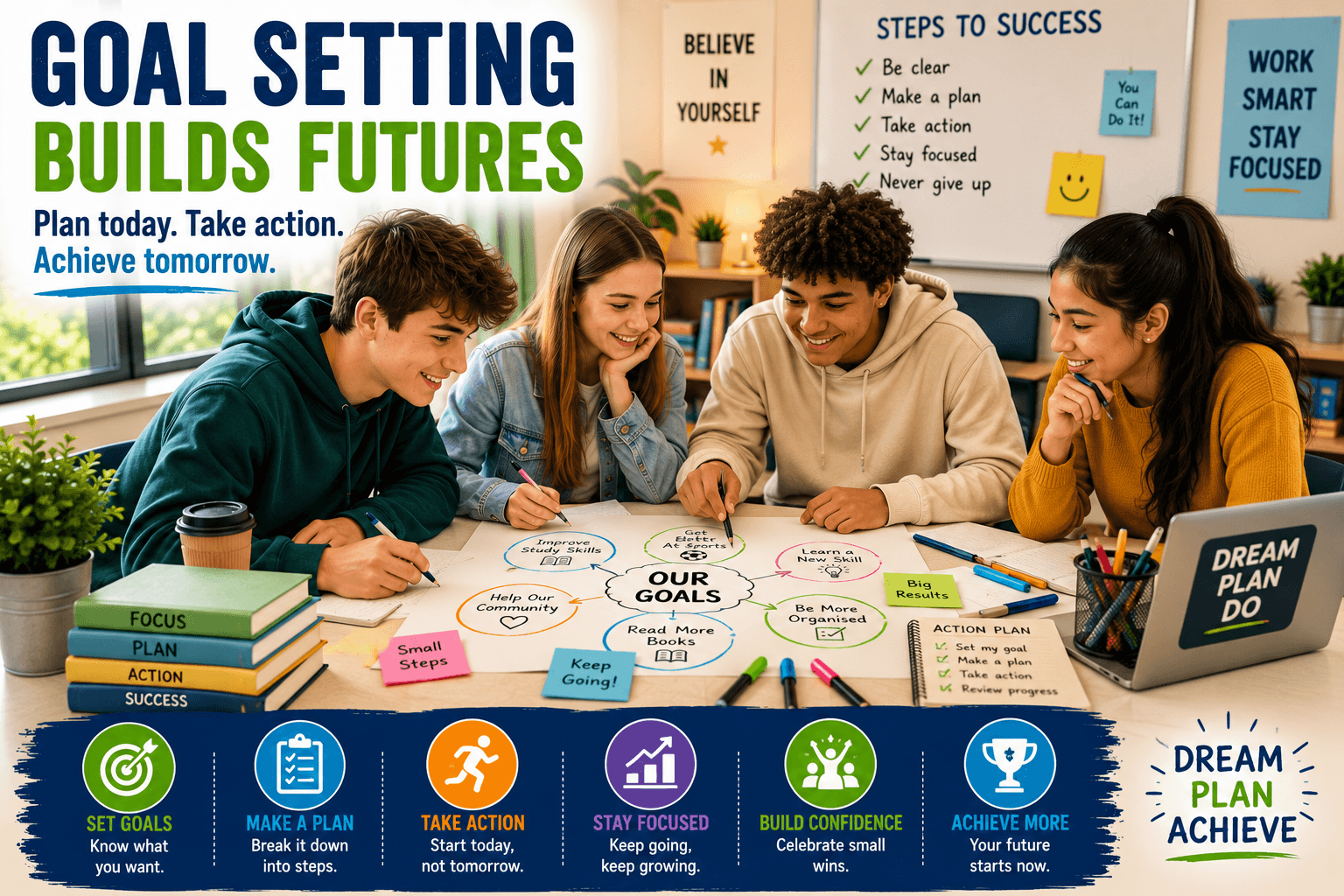 Teenagers developing goal-setting skills in teenagers through planning, teamwork and collaborative learning in a modern classroom