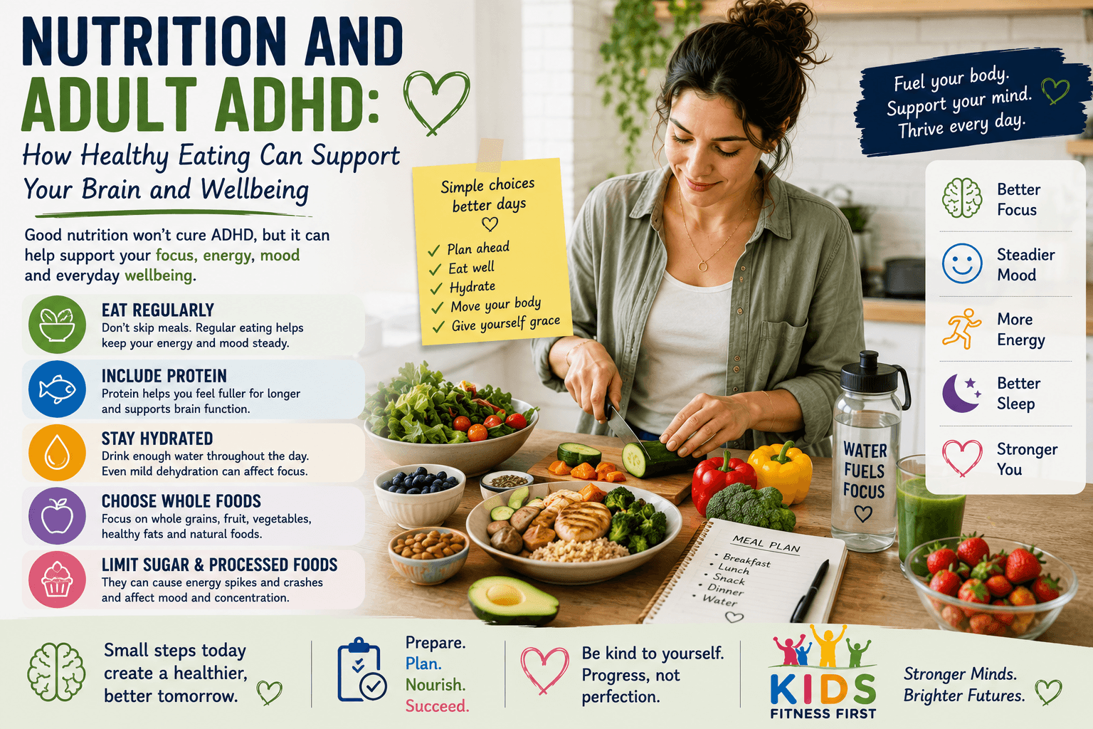 Adult preparing a healthy meal with fruit, vegetables and whole foods to support brain health and wellbeing with ADHD.