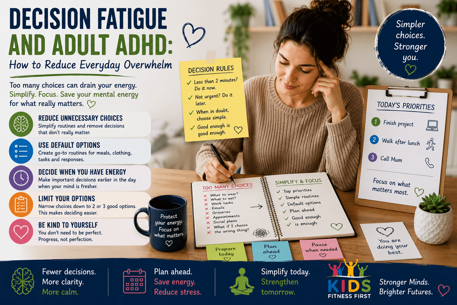 Adult simplifying a daily plan to reduce decision fatigue and overwhelm associated with ADHD.
