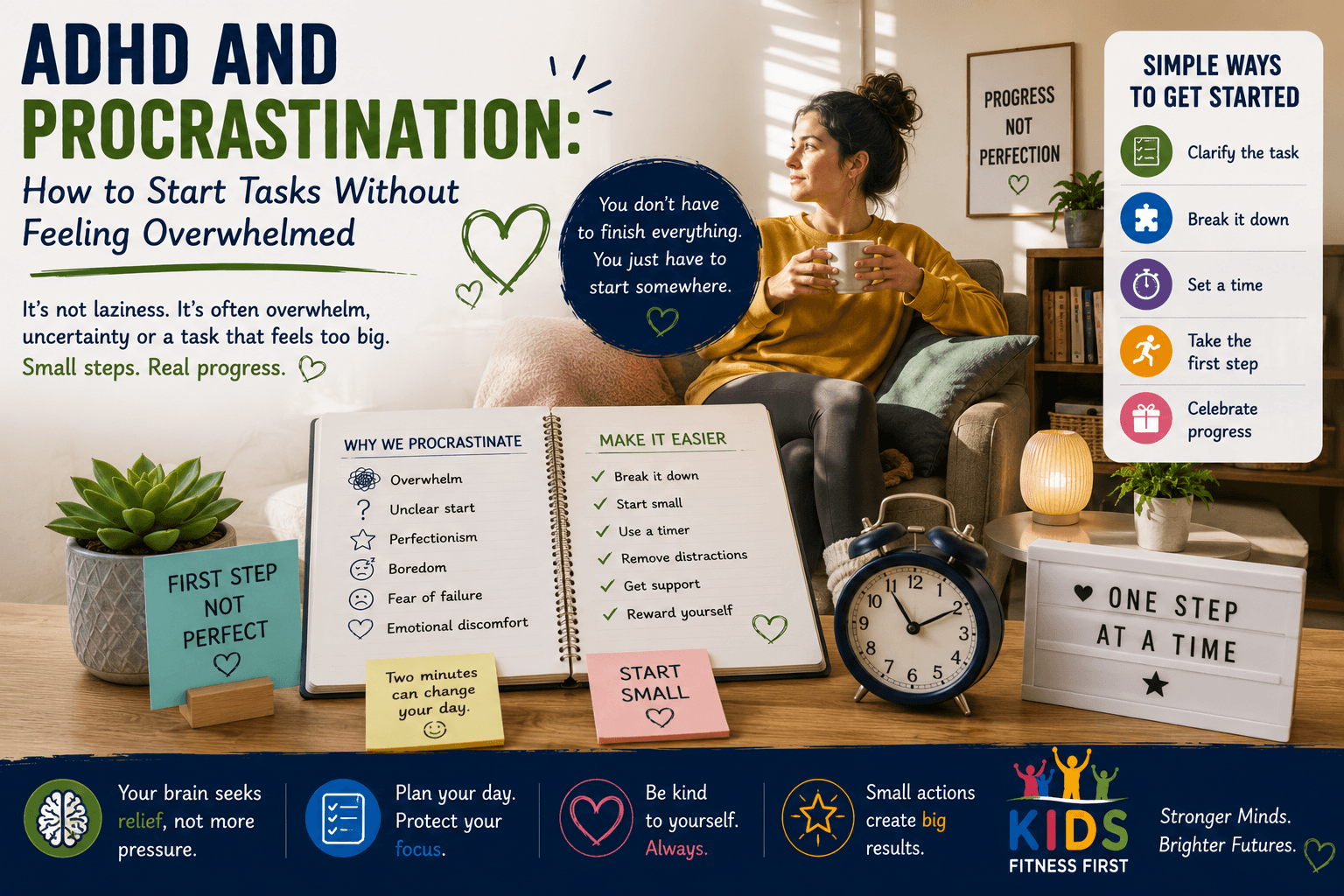 Adult breaking a difficult task into smaller steps to manage ADHD-related procrastination.