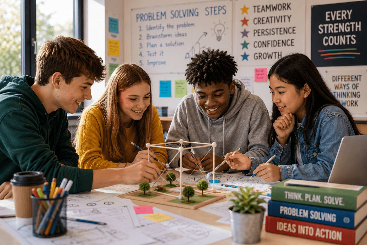 Teenagers developing problem-solving skills in children through teamwork, discussion and a practical classroom challenge