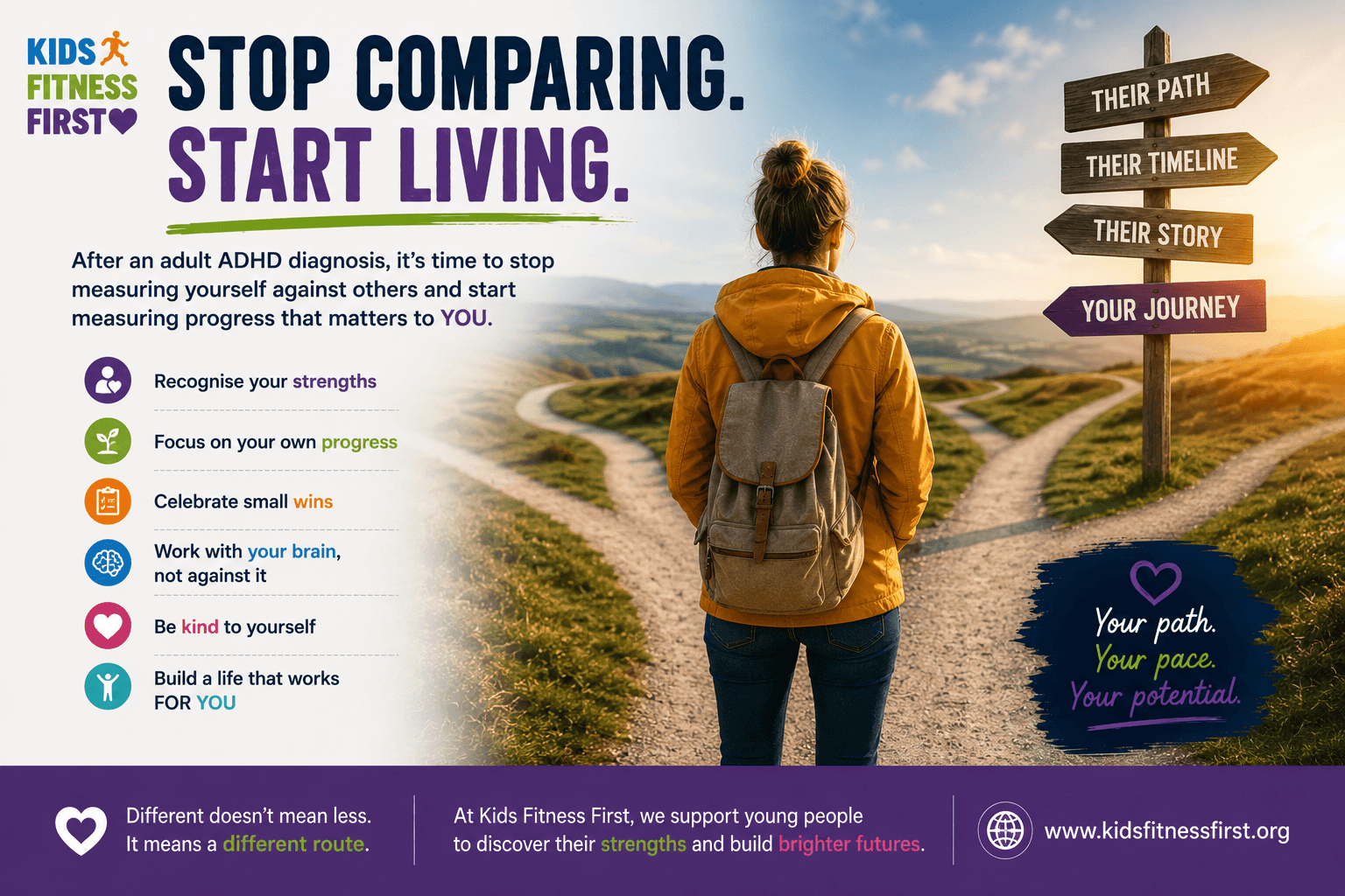 Adult ADHD and comparison represented by an adult confidently following their own path rather than comparing themselves with others.