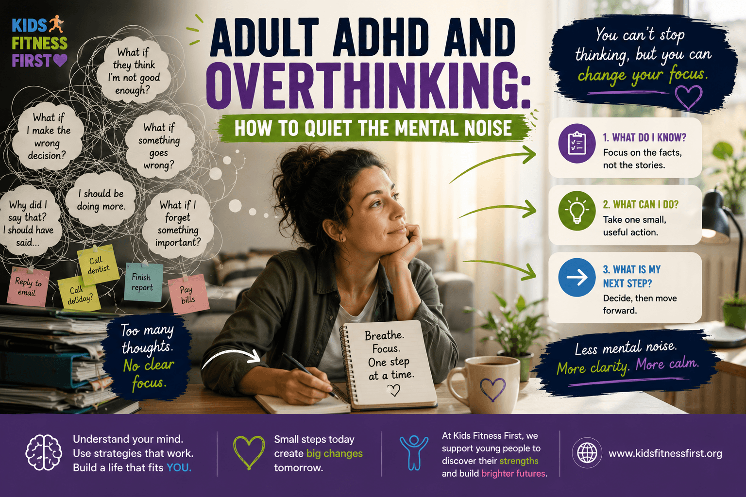 Adult ADHD and overthinking represented by an adult reducing mental noise and focusing on one clear next step.
