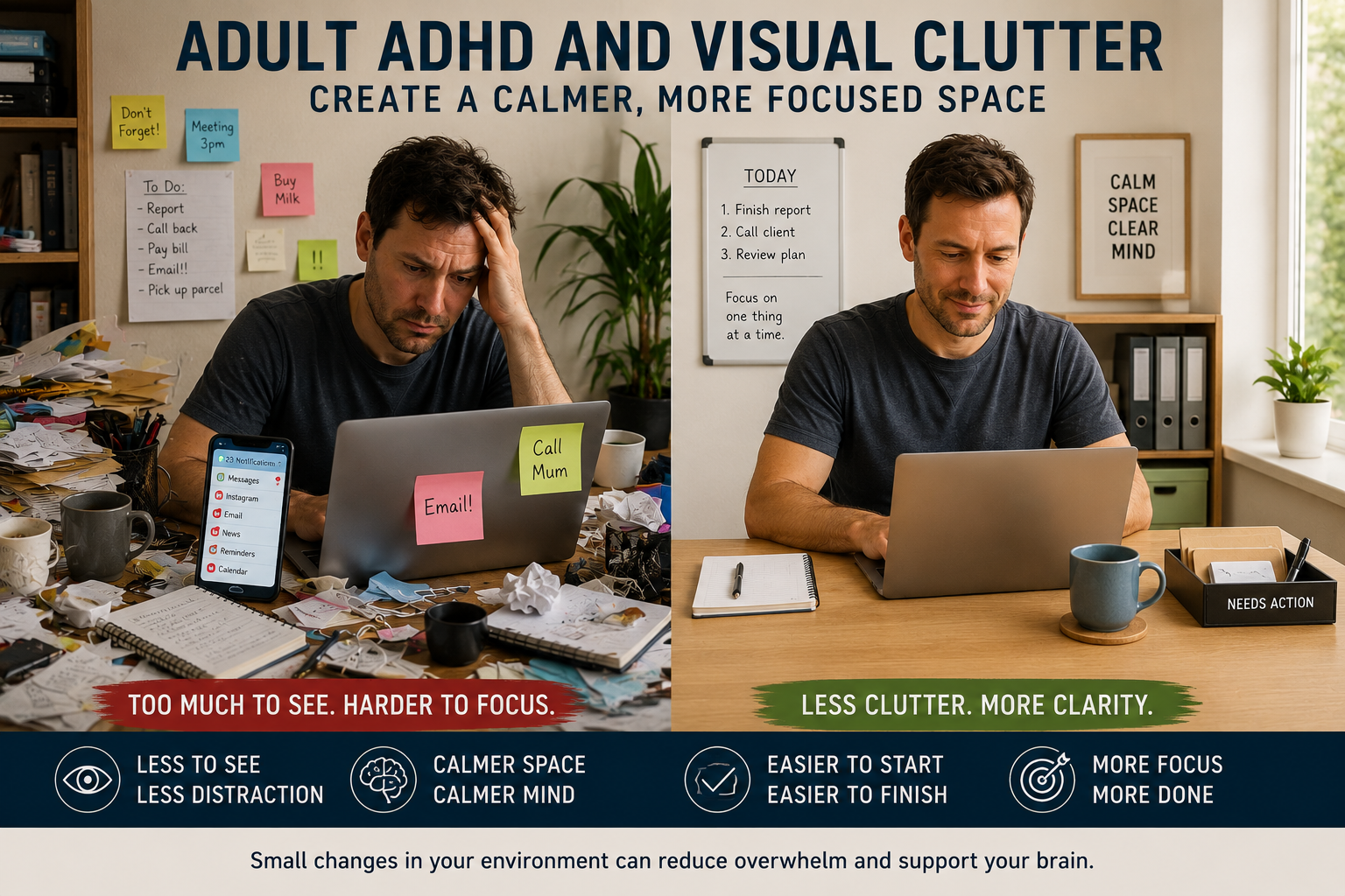 Adult ADHD and visual clutter shown through a calmer workspace with fewer distractions and a simple organisation system.