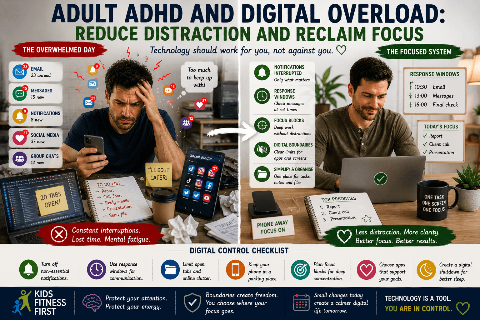 Adult ADHD and digital overload shown through reducing notifications, limiting screen distractions and protecting focused attention.
