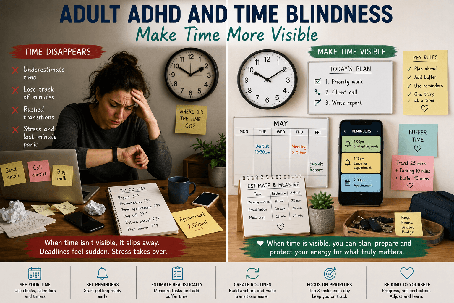 Adult ADHD and time blindness shown through clocks, timers, alarms and calendars that make time more visible.