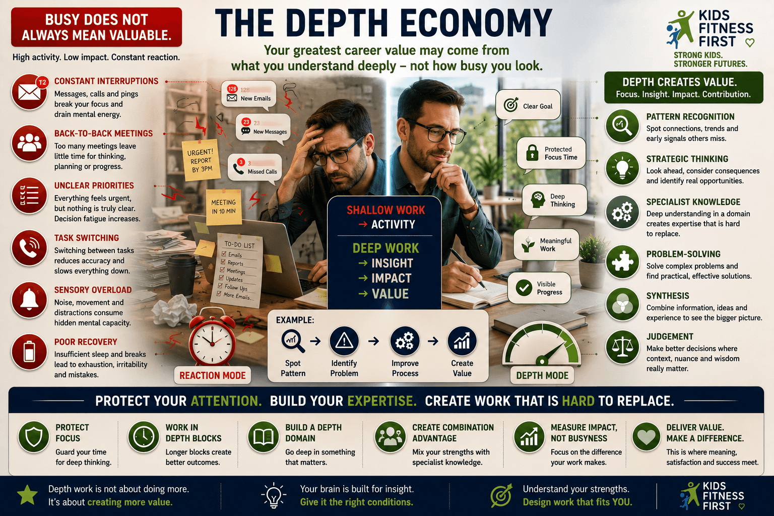 Adult ADHD and the Depth Economy infographic comparing shallow busy work with deep thinking, judgement, expertise and high-value contribution.