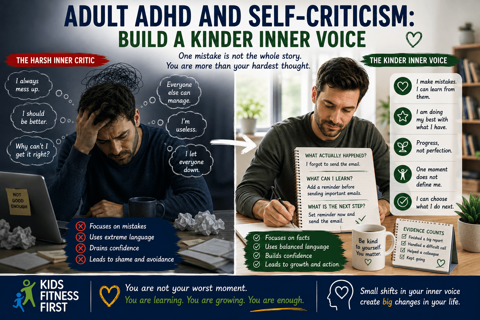 Adult ADHD and self-criticism shown through replacing harsh thoughts with balanced, specific and constructive self-talk.