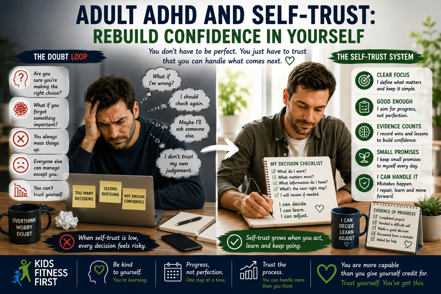Adult ADHD and self-trust shown through making clear decisions, keeping small promises and recognising evidence of progress.