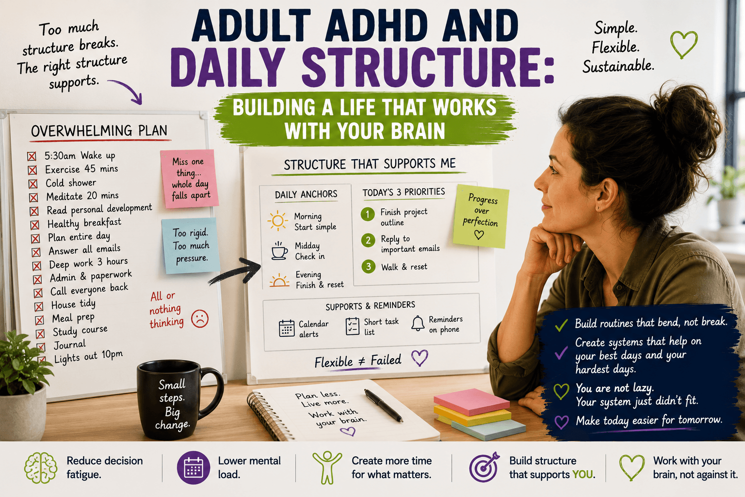 Adult ADHD and daily structure represented by an adult using a simple flexible daily planning system.