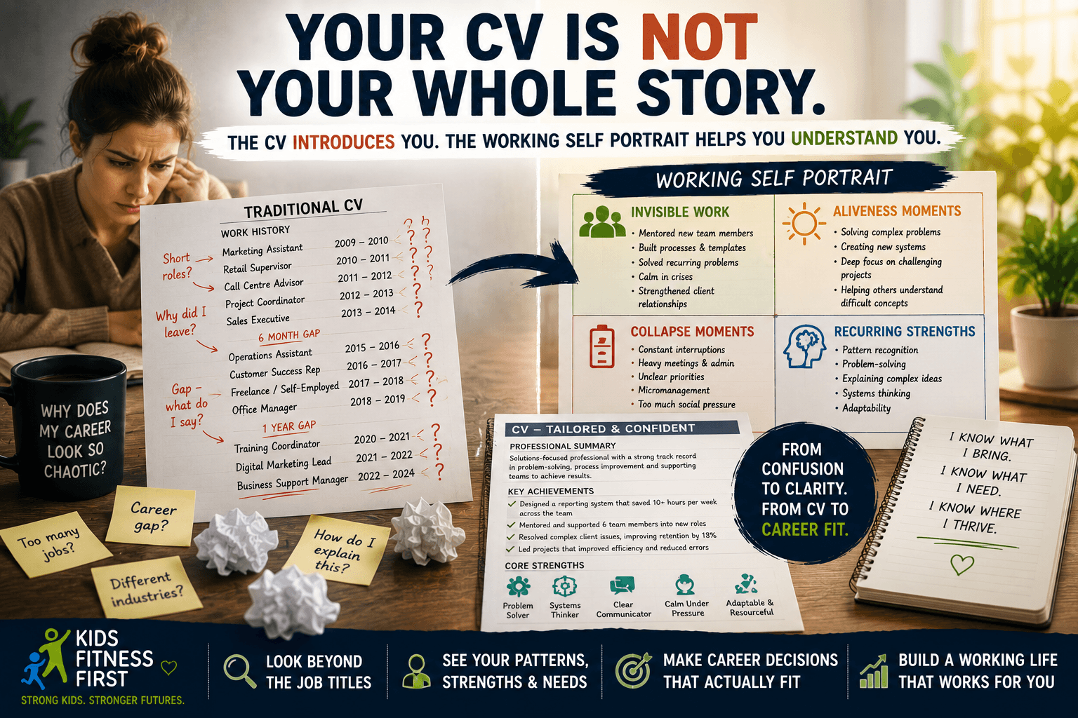 Adult ADHD and your CV shown by comparing a traditional resume with a Working Self Portrait of invisible work, strengths and career patterns.