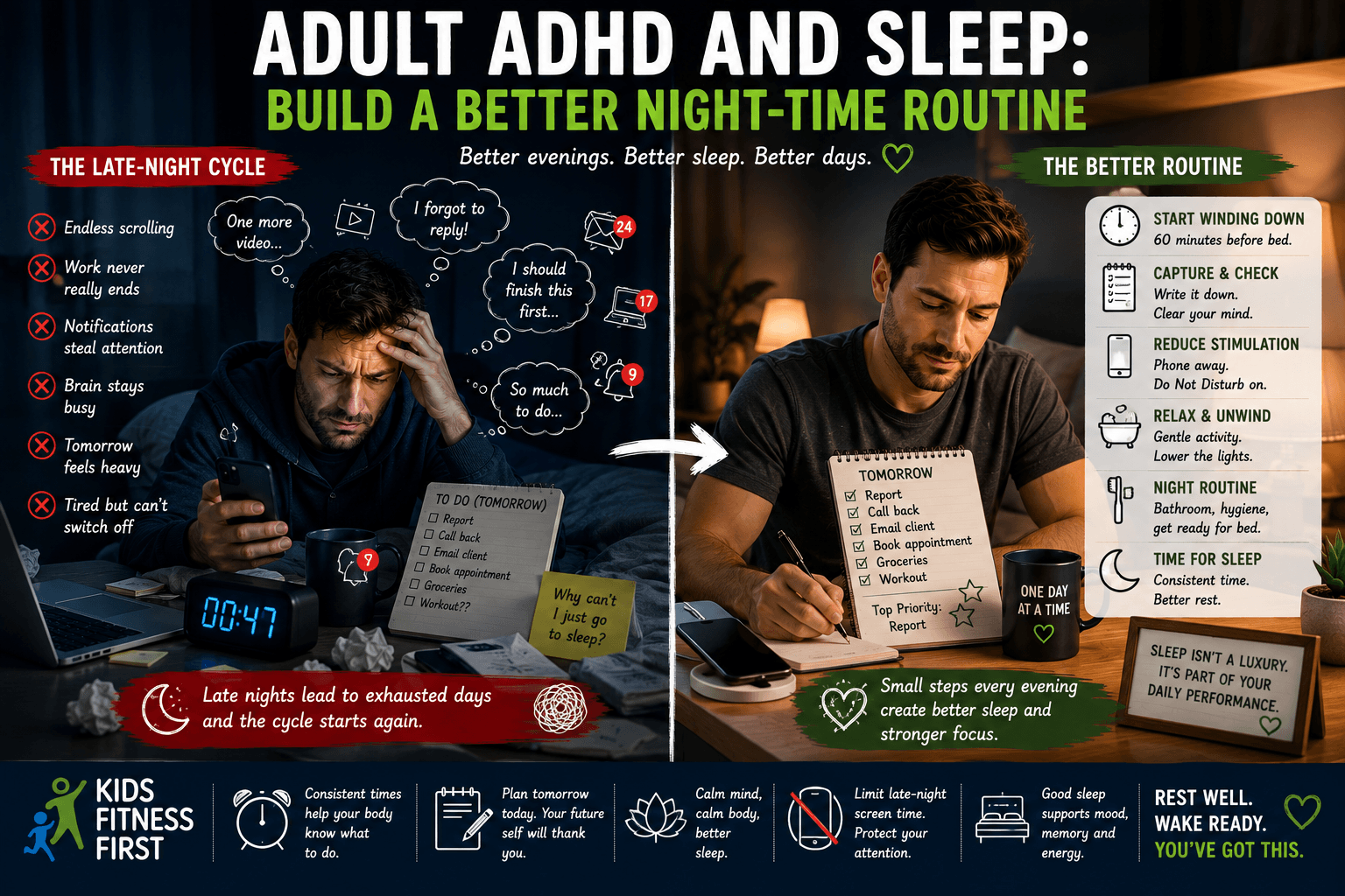 Adult ADHD and sleep shown through a calmer night-time routine, wind-down alarm and reduced phone distractions.