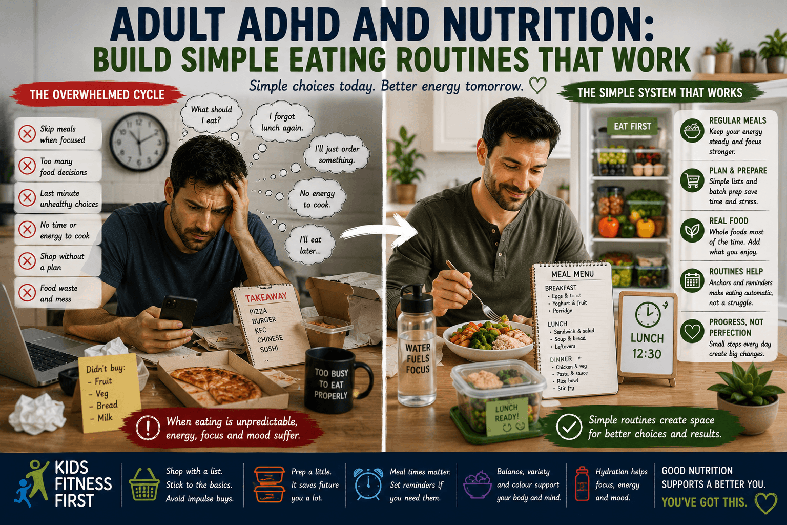Adult ADHD and nutrition shown through simple meal routines, visible food, meal reminders and easier planning.