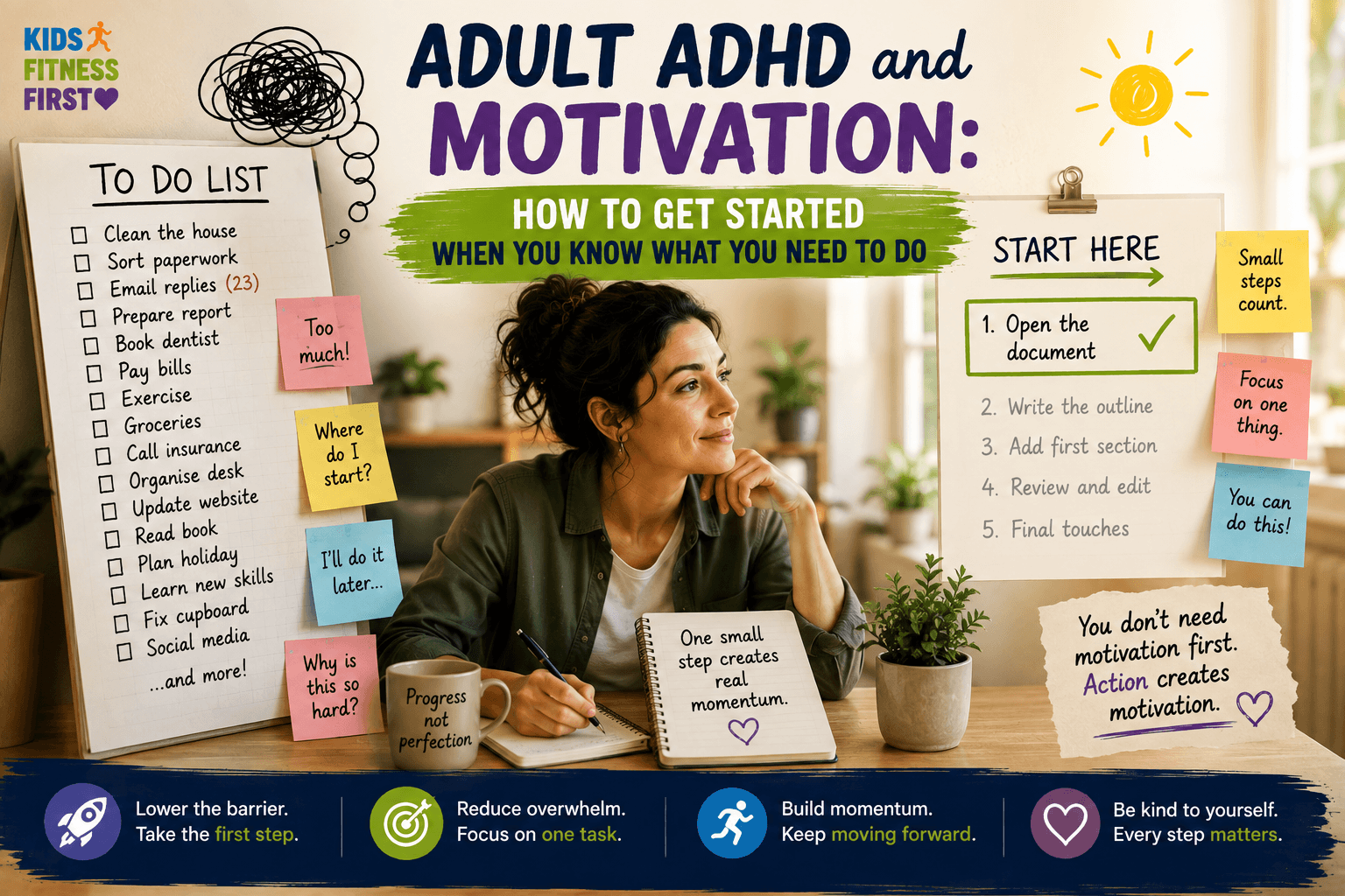 Adult ADHD and motivation represented by an adult breaking a large task into one simple first step.