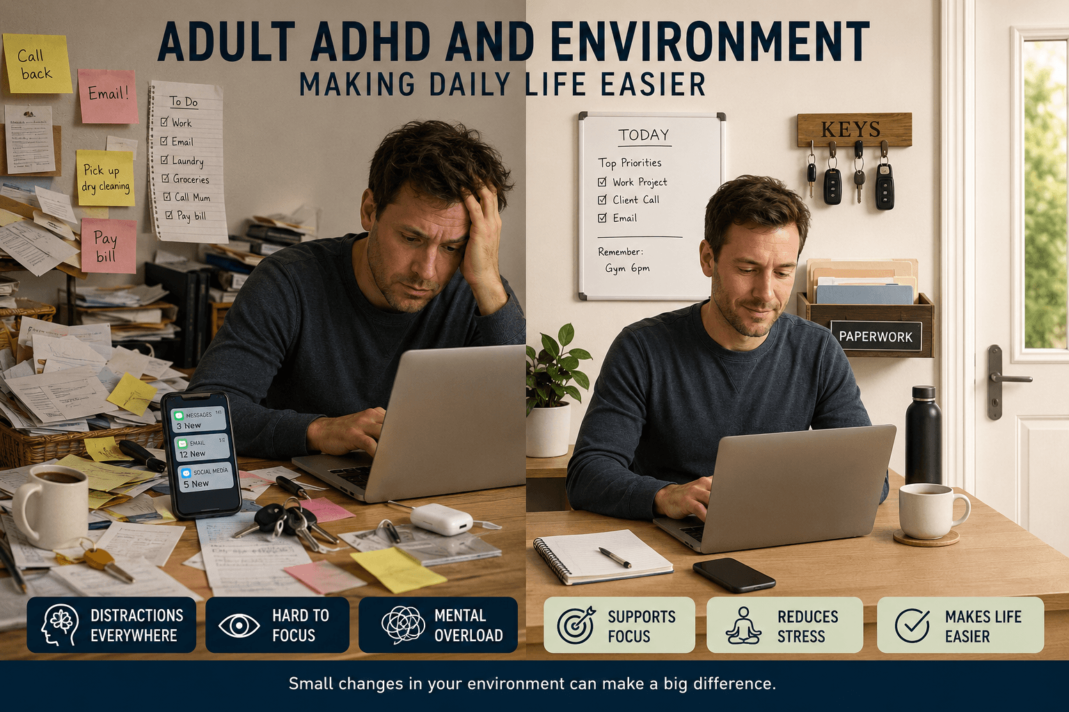 Adult ADHD and environment shown through a simple organised space designed to reduce distractions and support everyday tasks.