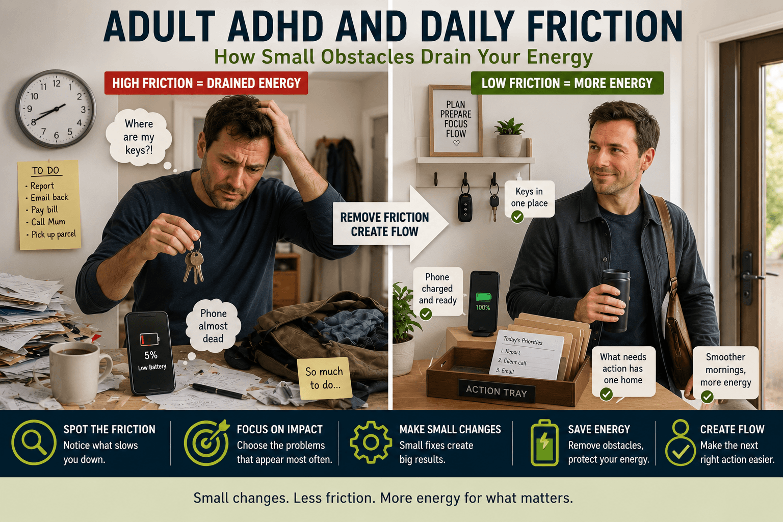 Adult ADHD and daily friction shown through small everyday obstacles being replaced with simple systems that make daily life easier.