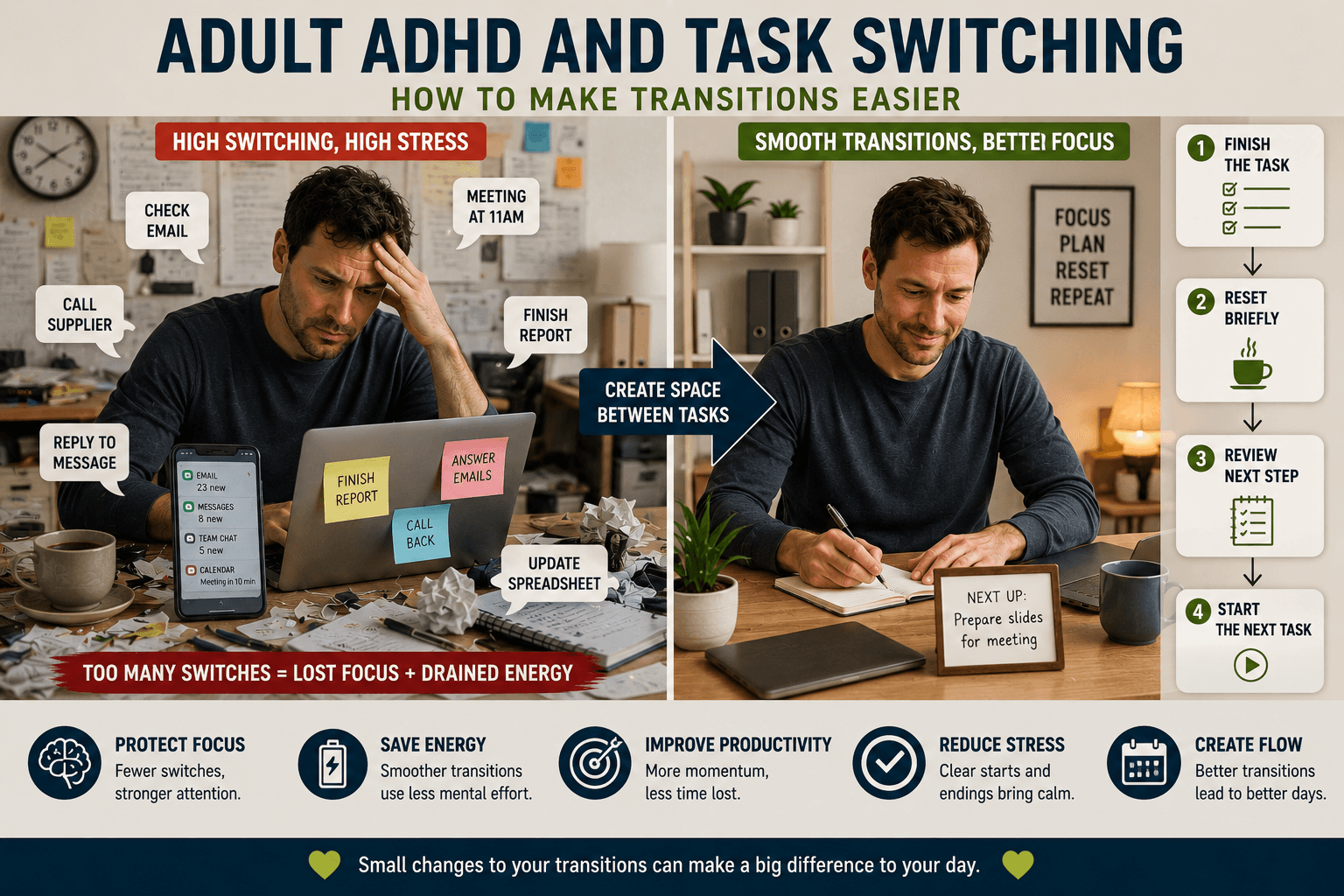 Adult ADHD and task switching shown through a simple transition routine that helps an adult move between tasks more easily.