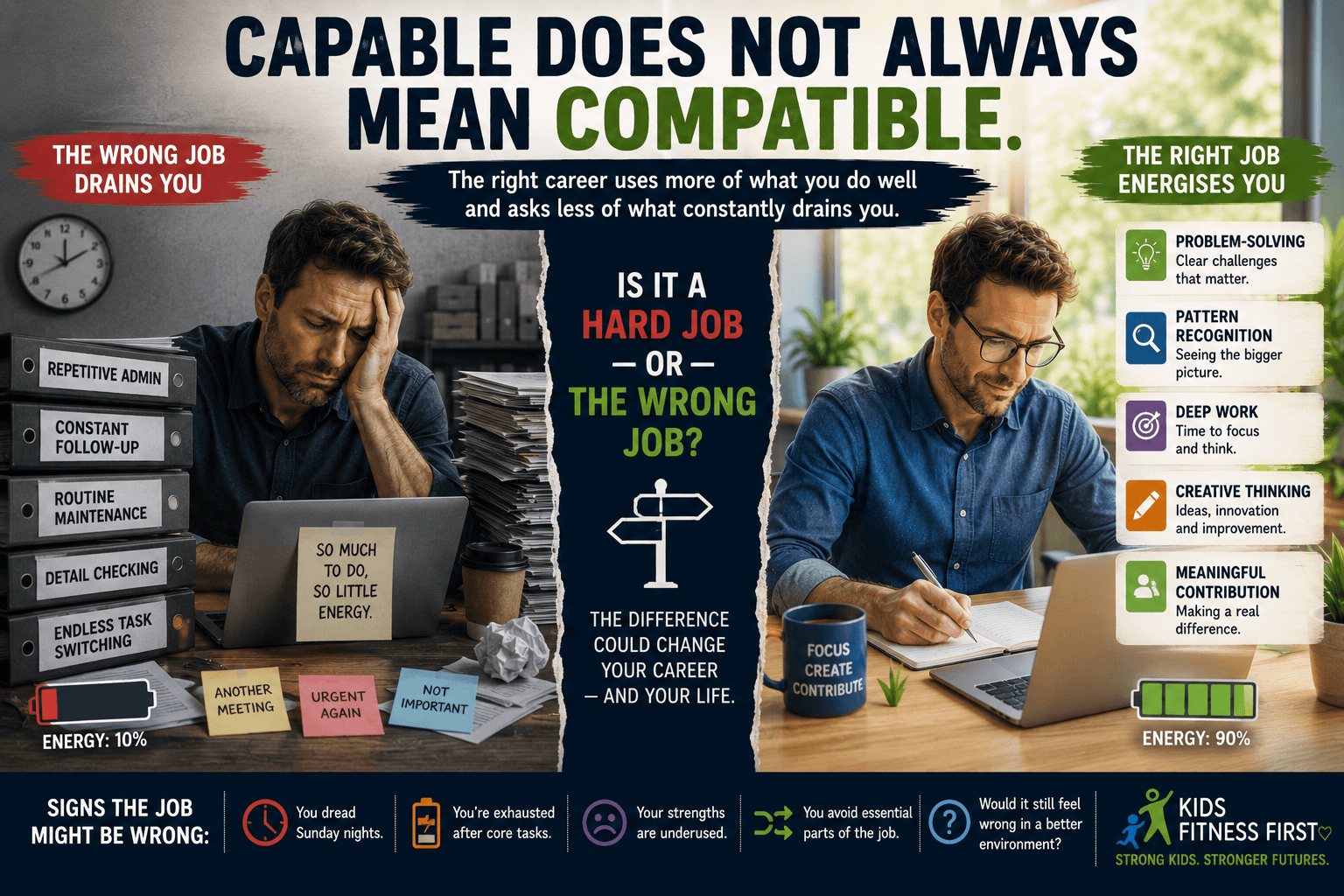 Adult ADHD and the wrong job showing the difference between draining core tasks and work that better uses problem-solving, focus and strengths.