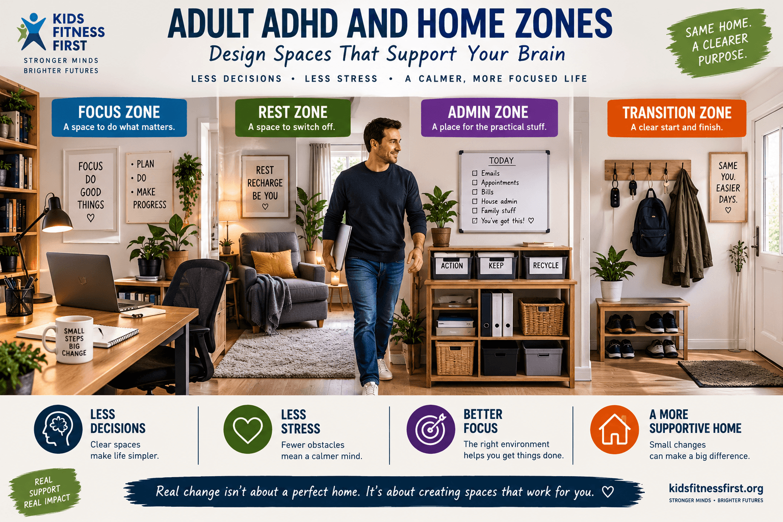 Adult ADHD and home zones shown through separate spaces for focused work, rest, paperwork and leaving the house.