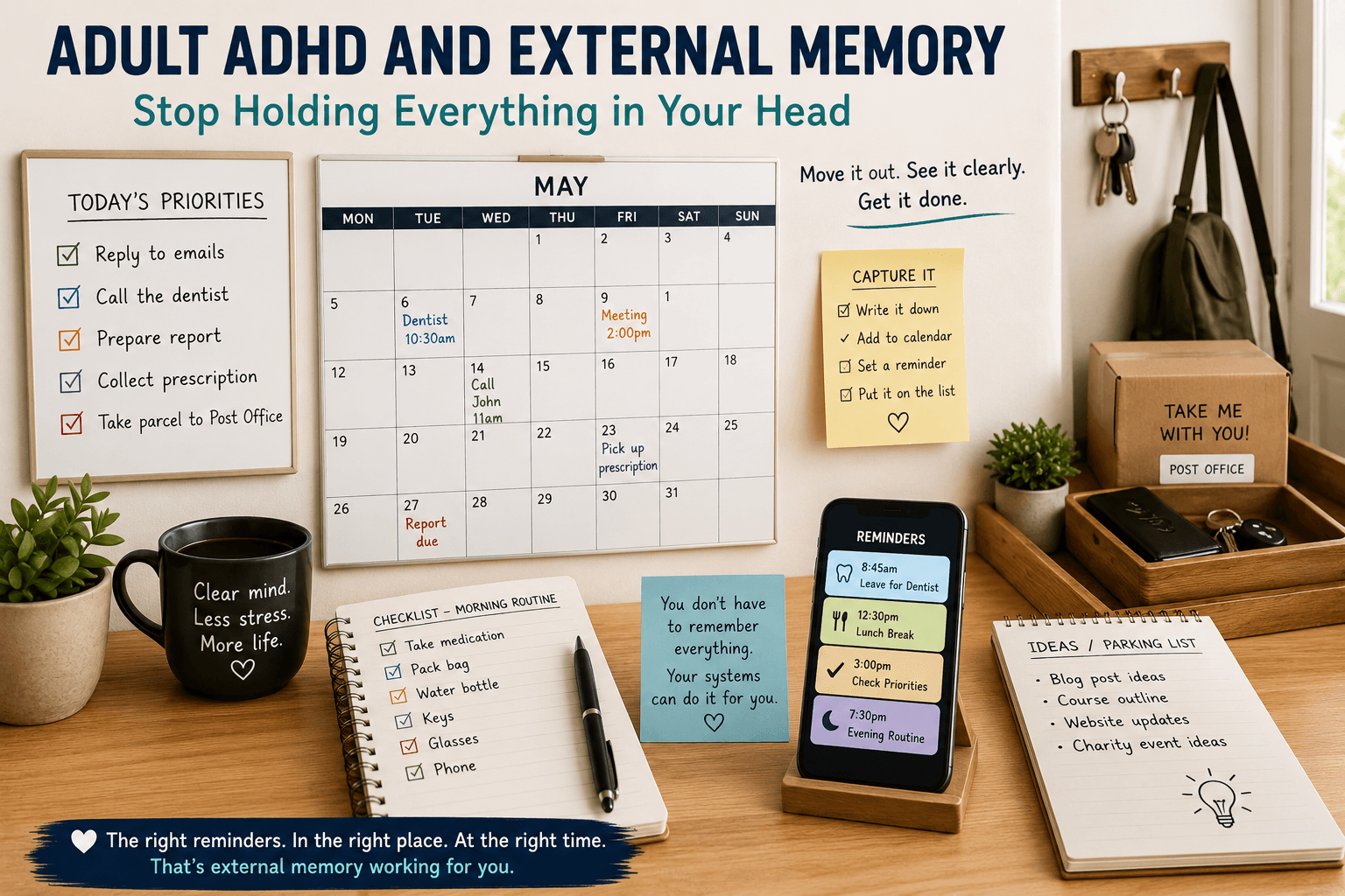 Adult ADHD and external memory shown through calendars, reminders, checklists and visual cues that reduce the need to remember everything.
