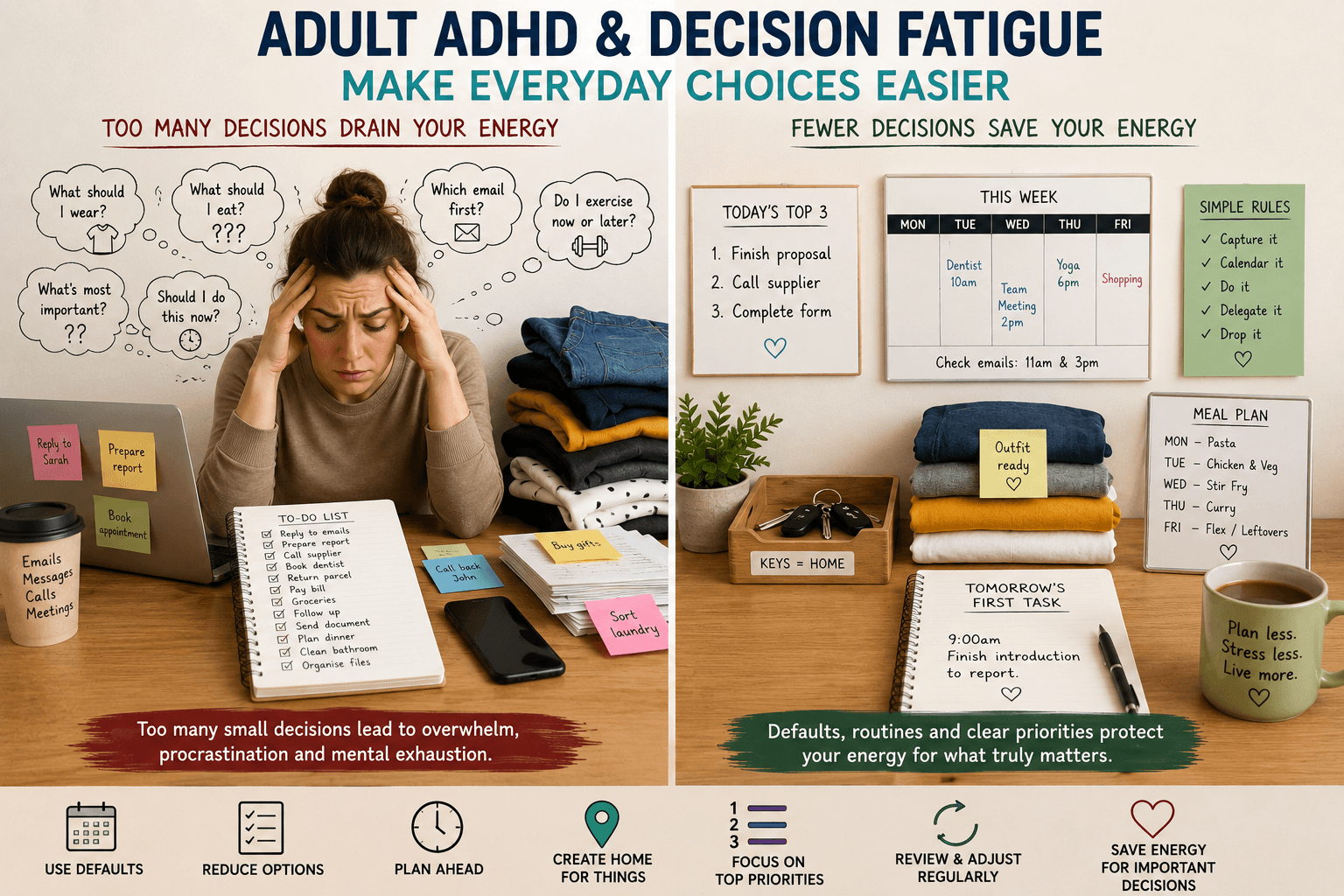 Adult ADHD and decision fatigue shown through reducing everyday choices with defaults, routines and clear priorities.