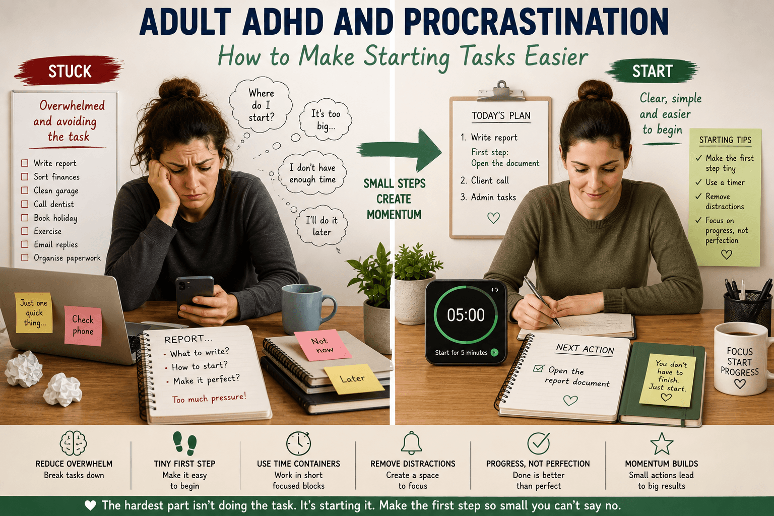 Adult ADHD and procrastination shown through reducing tasks into smaller first steps and using timers and clear starting cues.