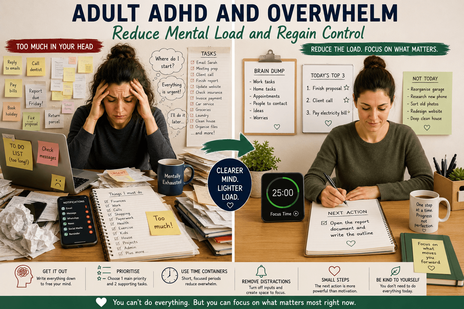 Adult ADHD and overwhelm shown through reducing mental load with a brain dump, clear priorities and one next action.