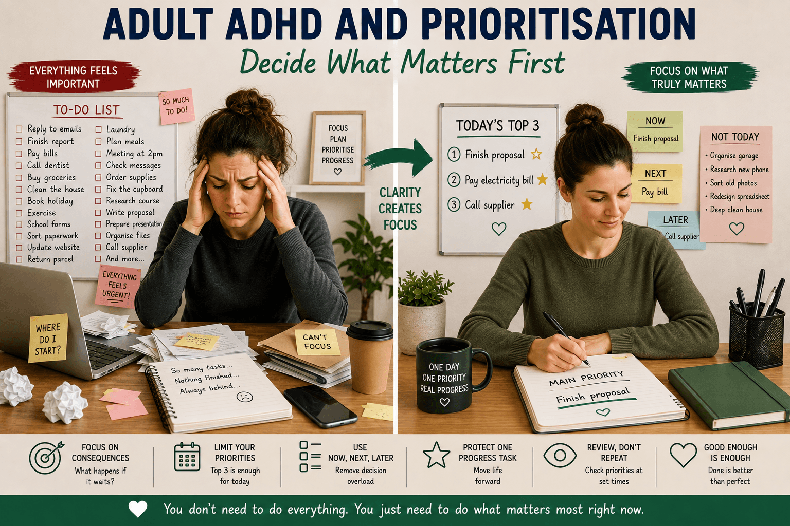 Adult ADHD and prioritisation shown through a simple top-three system with one main priority and a not-today list.