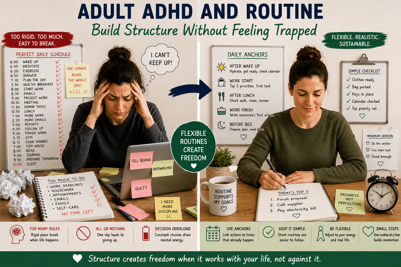 Adult ADHD and routine shown through flexible daily anchors, simple checklists and realistic structure.